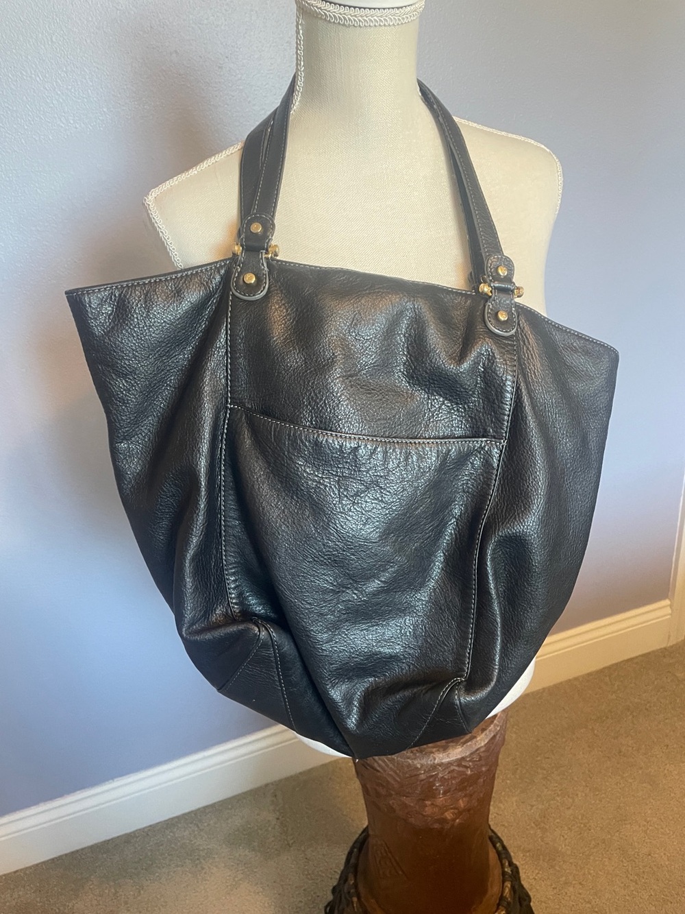 Liz Claiborne Classic Black Leather Extra Large Tote Handbag 18" x 14"